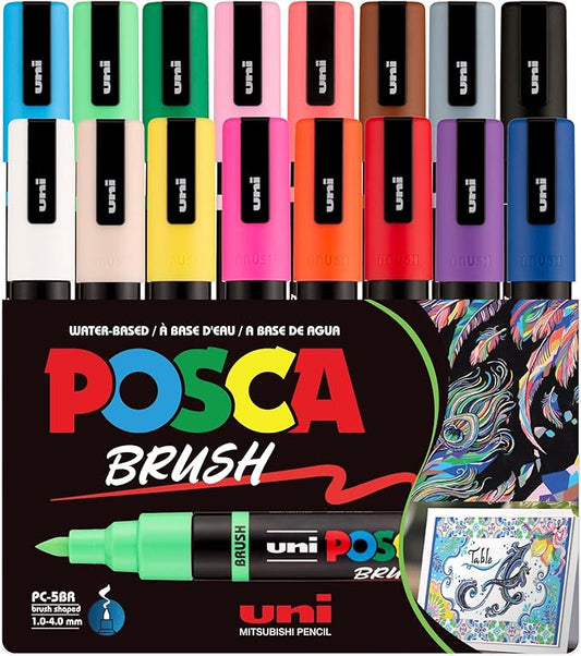 POSCA PC-5BR Water-Based Paint Markers, Reversible Brush Tip (1.0-4.0mm), Assorted Colors, 16 pack