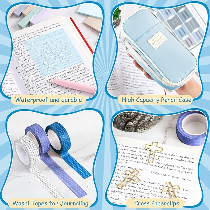 137 Pcs Bible Study Supplies Journaling Kit 1 Pencil Case 12 Highlighters 4 Sticky Notes 6 Gel Pens 35 Paper Clips 3 Tapes 1 Markers 75 Tabs for Christmas Bible School Gifts(Blue)