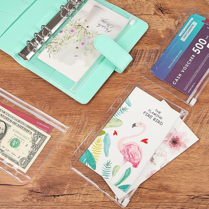 100 pcs Transparent A6 Binder Pockets 6 Holes Zipper Folders PVC Card Loose Leaf Bags Cash Envelopes for Budgeting Binder Waterproof Filing Bags for 6 Ring Notebook Planner Inserts