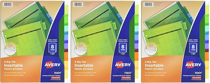 Avery Dividers for 3 Ring Binders,8-Tab Plastic Binder Dividers,Insertable Big Tabs,Multicolor (3 Sets of 11901),(Pack of 8)