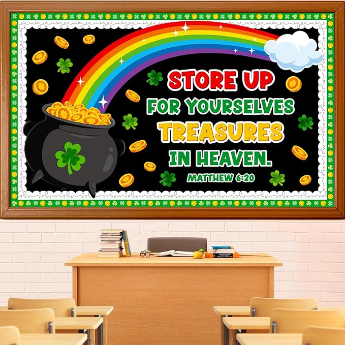 St. Patrick's Day Bulletin Board Decoration Set, March Religious Classroom Decorations Lucky Charms Shamrock Rainbow Pot of Gold Cutouts Irish Holiday Library School Home Window Door Decor for Teacher