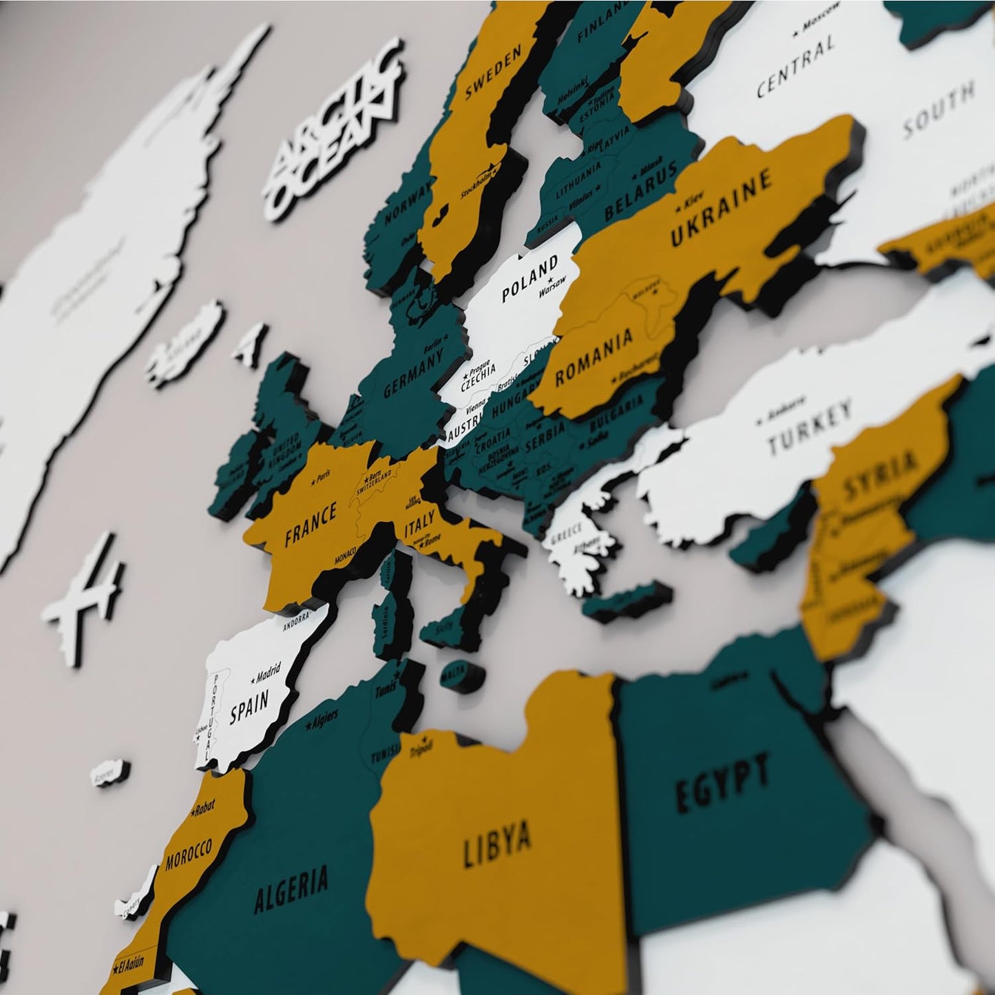 Colorfull Worlds 3D Wooden World Map Wall Art | Unique Wall Decor with Pins for Travel Enthusiasts | Home and Office Wall Décor | Gold-Blue | Medium