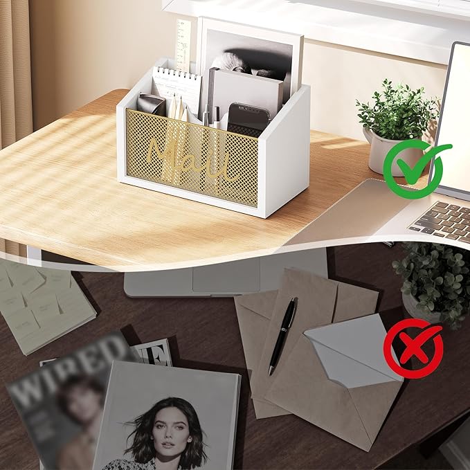 Mail Organizer Countertop, Mail Holder with 3 Slots, Mail Sorter for Desk, Wooden Office Desk Organizer, Mail Organizer for Magazines, Files, Papers, Folders, White and Gold MR03DW