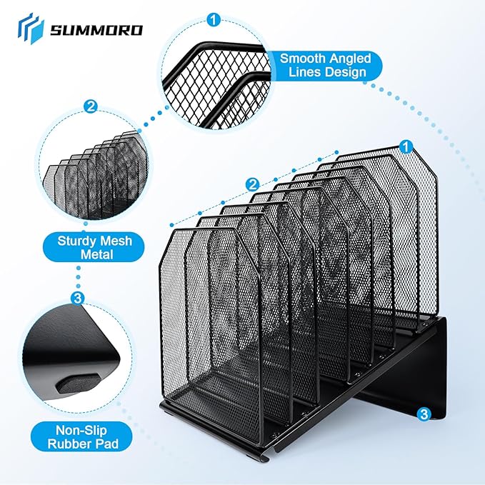 Inclined File Organizer for Desk, 7-Section Vertical File Folder Holder Office Desk Organizer Metal Rack File Wire Mesh Desktop Document Sorter for Office School Classroom Home (Black)