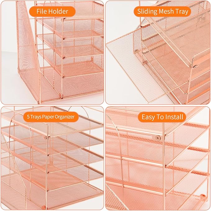 Desk Organizers and Accessories, 5-Tier Paper Letter Tray Organizer with File Holder, Desktop Organizer for Office Supplies (Rose Gold)