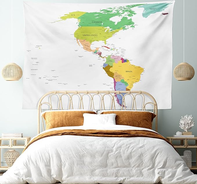 Ambesonne Map Tapestry King Size, Map of South and North America with Countries Capitals and Major Cities Colorful Design, Wall Hanging Bedspread Bed Cover Wall Decor, 104" X 88", Green White