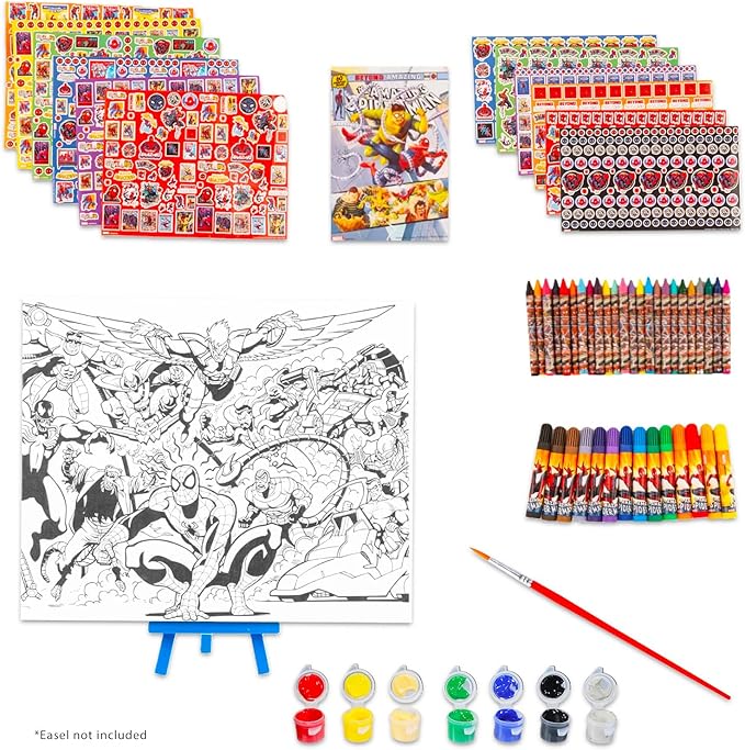 Ultimate Spiderman Painting Kit - Bundle of 50+ Drawing Supplies: Canvas, Paint Pods, Markers, Crayons, More | Spiderman Creative Coloring Canvas Set