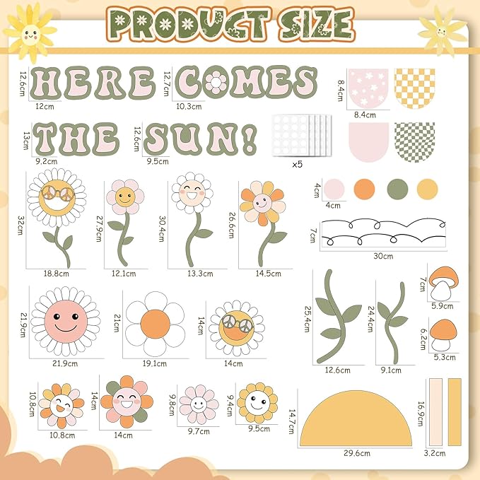 Epakh Here Comes The Sun Bulletin Board Set Sun Flowers Classroom Decorations Boho Daisy Paper Cutouts with Borders for Door Wall Back to School Party Supplies