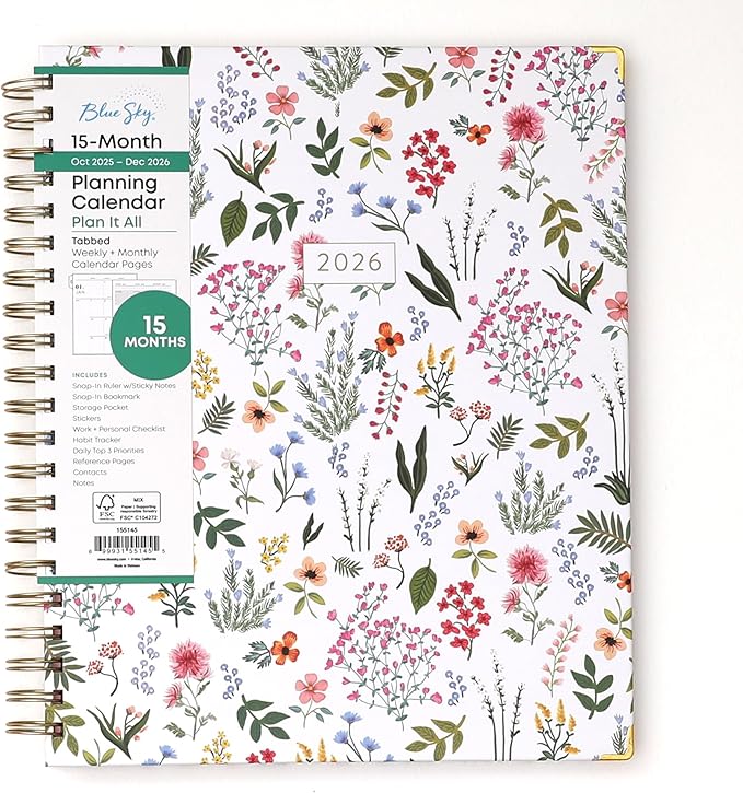 Blue Sky 15 Month 2026 Weekly and Monthly Planner Calendar, October 2025 - December 2026, 8.5" x 11", Hard Cover, Durable Twin Wire Binding, Laminated Tabs, Storage Pocket, Includes Ruler, Sticky Notes & Stickers, Londonberry