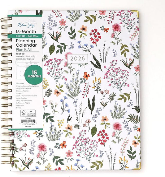 Blue Sky 15 Month 2026 Weekly and Monthly Planner Calendar, October 2025 - December 2026, 8.5" x 11", Hard Cover, Durable Twin Wire Binding, Laminated Tabs, Storage Pocket, Includes Ruler, Sticky Notes & Stickers, Londonberry