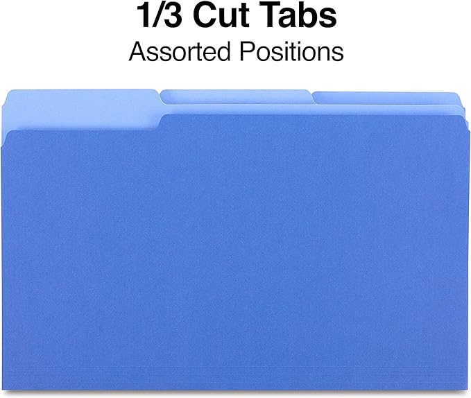 Staples File Folders, Legal Size, 1/3‑Cut Tabs, Blue, Durable Paper Stock, 200/Carton