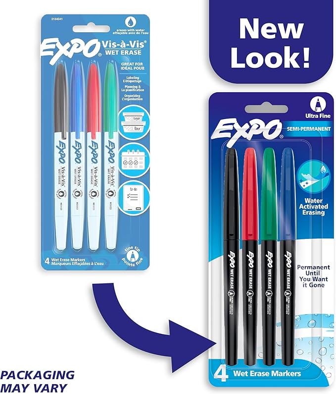 EXPO Wet Erase Markers, Semi-Permanent Markers, Assorted, Ultra Fine Point, 4 Count