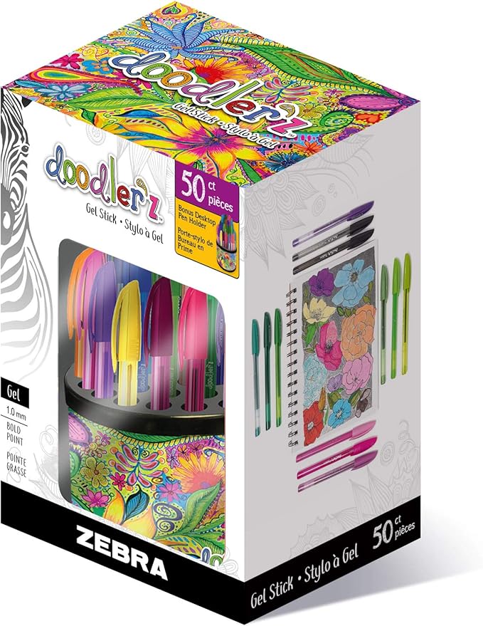 Zebra Pen Doodlerz Gel Stick Pen with Display Cup, Smooth Gel Ink, 1.0mm, Assorted Ink Colors (41950) (Pack of 1, 50 Count Total)