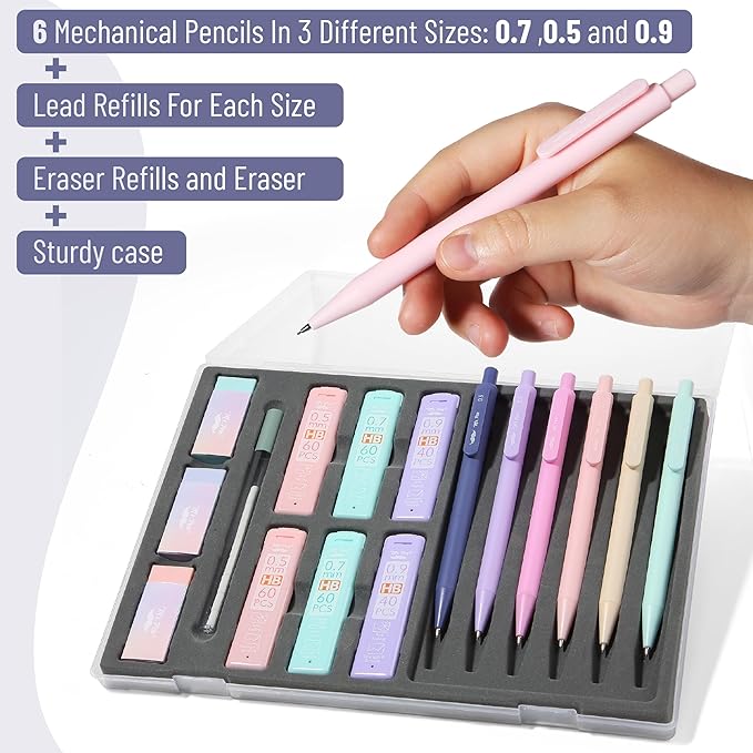 Mr. Pen- Pastel Mechanical Pencil Set with Lead Refills & Erasers, 6 Pack, 3 Sizes, 0.5 0.7 & 0.9mm, Aesthetic Mechanical Pencils Set, Pastel Mechanical Pencils