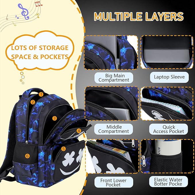 Boys Backpack with Lunch Box Glow in Dark Kids Ages 4-12 Kindergarten Elementary Middle School Teens Bookbag Mochilas Para Niños, Luminous Face Black Blue