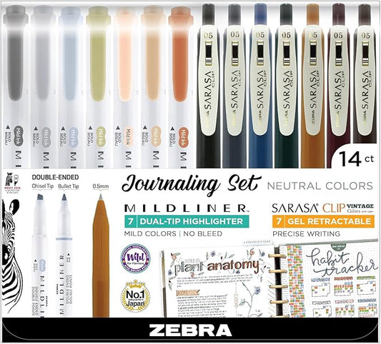 Zebra Pen Sarasa Clip Vintage and Mildliner Neutral Set, Ideal for Bible Highlighting, No Bleed, Ideal for Bible Highlighting and Bullet Journaling, Fine Point, Assorted Colors, 14-Pack (10114)