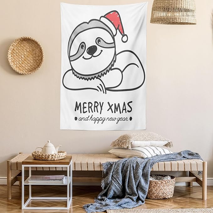 Ambesonne Sloth Tapestry, Smiling Animal Christmas Hat Merry Xmas and Happy New Year Celebration, Wall Hanging for Bedroom Living Room Dorm Decor, 40" X 60", Grey Red Black