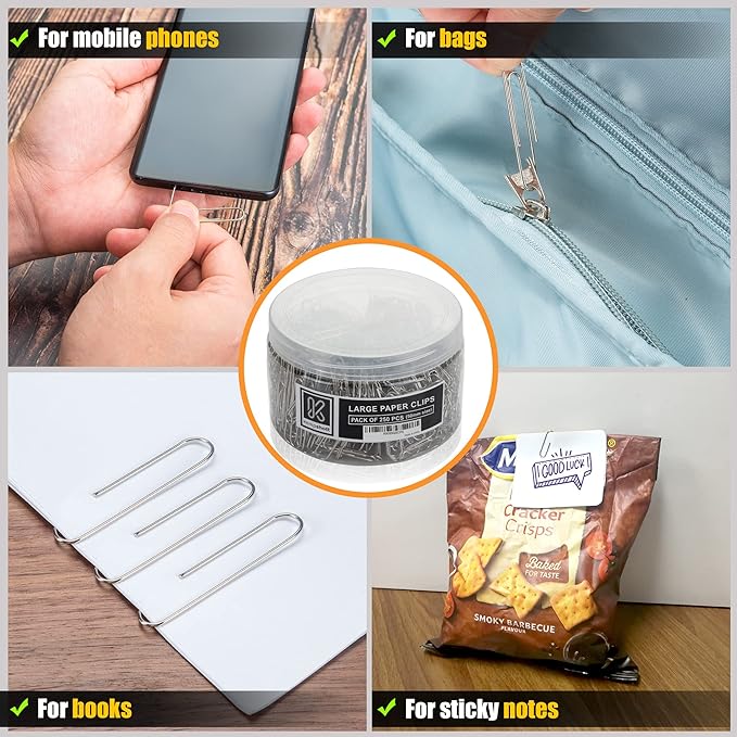 250 Large Paper Clips Smooth, Jumbo Paper Clips for Paperwork Ideal for Home, School and Office Use (Large, Silver)