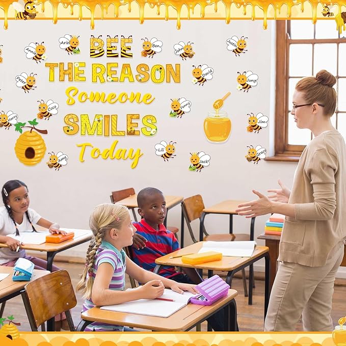 Pasimy Spring Bulletin Board Decorations 3D Sunflower Bulletin Board Set Bee Classroom Decor Honeycomb Butterfly Flower Cutouts Spring Borders for Home Office Wall Door Window Supplies(Honeybee)