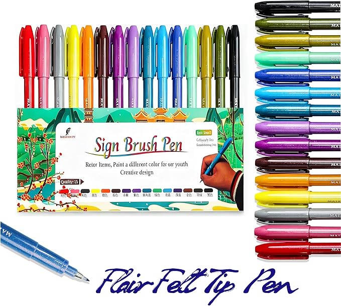 Sign Brush Pen, 15pcs Calligraphy pen Flair Pens Fine Point(0.4mm) Assorted Colors, Felt Tip Pens Art Brush Marker, Journaling Pen Set for Beginners Adult Hand Lettering Calligraphy