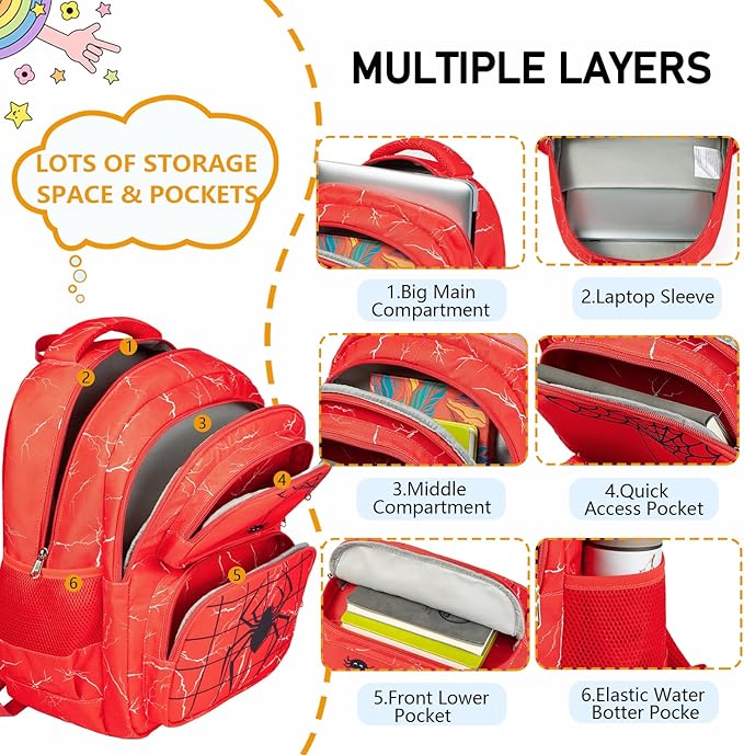 Kids Backpack Boys Spider Backpack with Lunch Box Kindergarten Elementary Middle School Toddler Bookbag for Boys Ages 4-14, Spider-Red