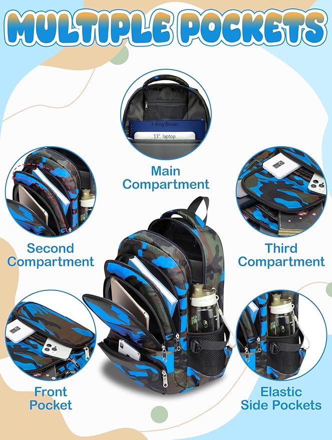 BLUEFAIRY Kids Backpack with Lunch Box for Girls Boys Elementary Primary Middle School Bag with Lunch Bag Set 17 Inch Bookbag Mochilas Escolares para Niñas Niños (Camo, Sky Blue)