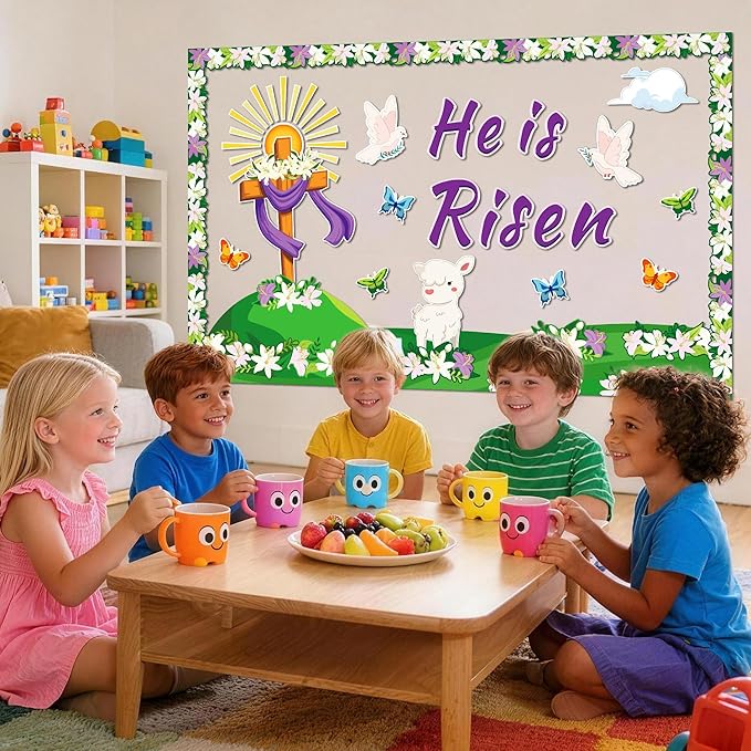 Easter Bulletin Board Decorations, 59Pcs Christian Bulletin Board Sets, He is Risen Bulletin Board Decorations, Cross Butterflies Floral Easter Religious Decorations for Sunday School Church Decor