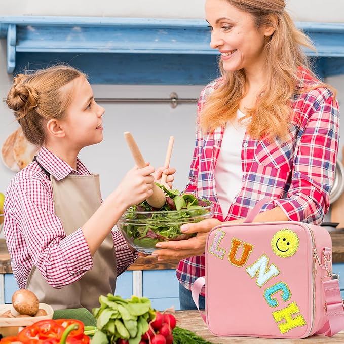 Insulated Lunch Bag Women Lunch Box Kids for Teen Girls Boys, Cute Preppy Lunch Boxes With Adjustable Shoulder Strap, Waterproof Nylon Lunchbox Lunch Bags for School Work Picnic (Light Pink)