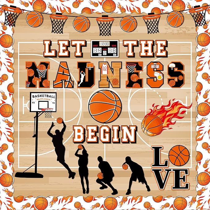 gisgfim Basketball Bulletin Board Decoration Set with Background Paper & Borders Cutouts Let The Madness Basketball Sport Bulletin Board Decor for Classroom School Game Craft Supplies(Basketball)