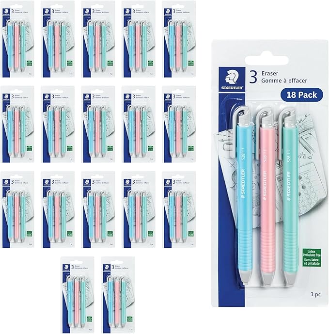 STAEDTLER Vinyl Eraser Holder 18-Pack (18 Sets of 3 pcs): 3 Units Retractable Erasers for Pencils, Soft Vinyl, Latex-Free, Clean Edges, No Smudges, Pastel Colors, 54 Count