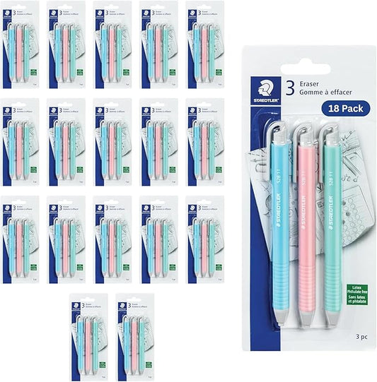 STAEDTLER Vinyl Eraser Holder 18-Pack (18 Sets of 3 pcs): 3 Units Retractable Erasers for Pencils, Soft Vinyl, Latex-Free, Clean Edges, No Smudges, Pastel Colors, 54 Count