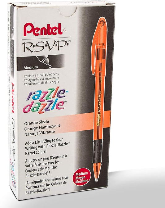 Pentel RSVP Razzle-Dazzle Ballpoint Pen, (1.0mm) Medium Line, Orange Barrel, Black Ink, Box of 12 (BK91RDF-A)