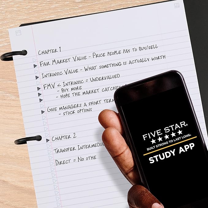 Five Star Flex Refillable Notebook + Study App, College Ruled Paper and 1-1/2 Inch TechLock Ring Binder with Pockets, Tabs and Dividers, 300 Sheet Capacity, Black (29324AA2)