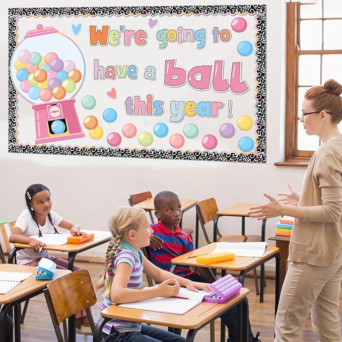 Gumball Machine Bulletin Board Decorations Set Pastel Bubble Gumballs Motivational Cutout with Composition Notebook Borders for Back to School Welcome Candy Theme Classroom Learning Activities Decor