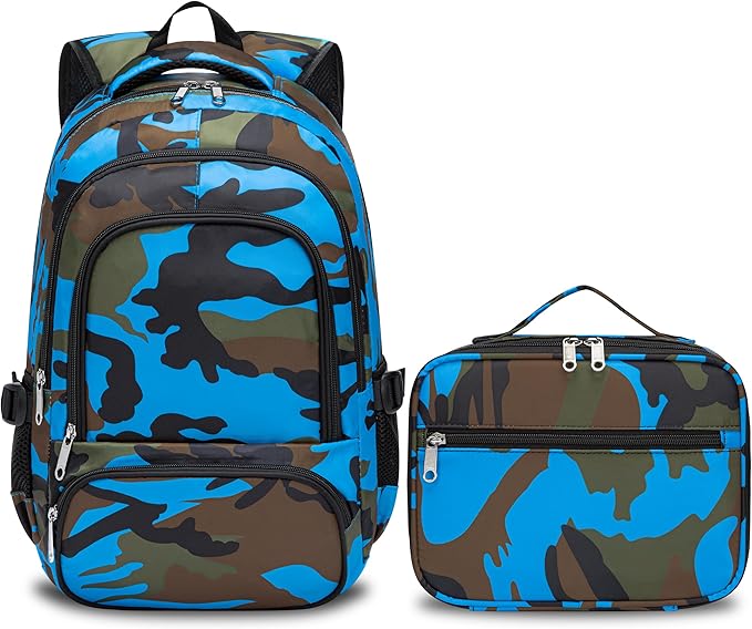 BLUEFAIRY Kids Backpack with Lunch Box for Girls Boys Elementary Primary Middle School Bag with Lunch Bag Set 17 Inch Bookbag Mochilas Escolares para Niñas Niños (Camo, Sky Blue)
