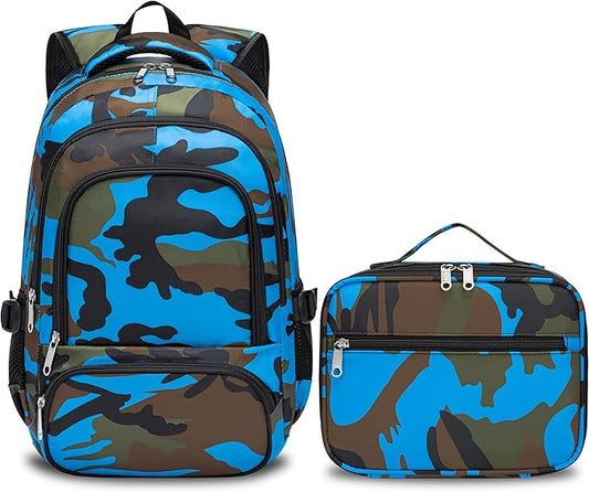 BLUEFAIRY Kids Backpack with Lunch Box for Girls Boys Elementary Primary Middle School Bag with Lunch Bag Set 17 Inch Bookbag Mochilas Escolares para Niñas Niños (Camo, Sky Blue)