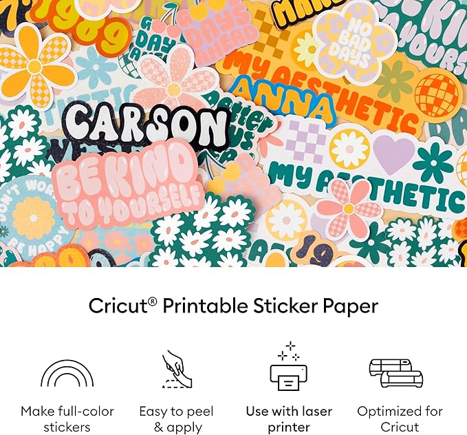 Cricut® Printable Sticker Paper for Laser Printer - 25 Count, US Letter Size (8.5in x 11in) - White - Make Custom Stickers, Personalized Decor, Labels, & More