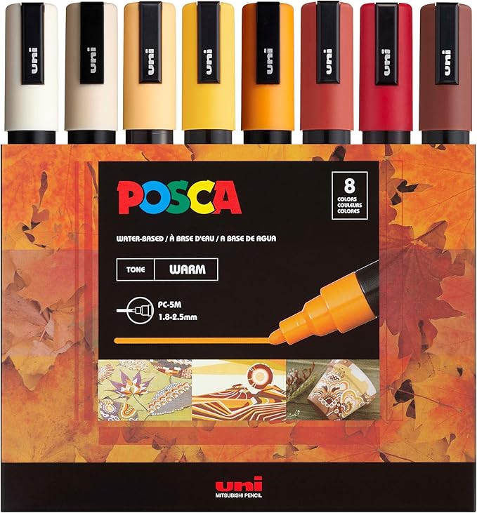 uni POSCA PC-5M Water-Based Paint Markers, Reversible Medium Tip (1.8-2.5mm), Warm Tone Ink Colors, 8 Pack