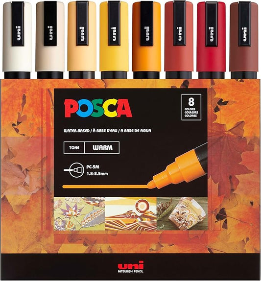 uni POSCA PC-5M Water-Based Paint Markers, Reversible Medium Tip (1.8-2.5mm), Warm Tone Ink Colors, 8 Pack