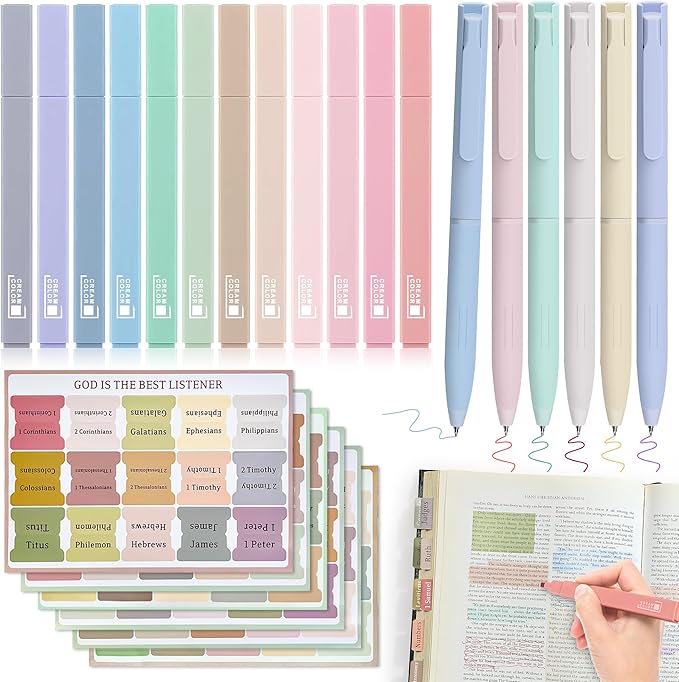 Bible Journaling Kit, 12 Pastel No Bleed Highlighters and 6 Color Pens & Laminated Tabs, Bible Study Supplies Essentials, Christian Gifts for Women