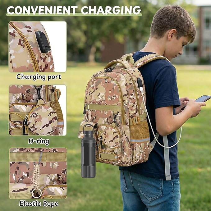 School Backpack for Boys - Camo Boys Backpack for Kids Teens Elementary, Middle & High School Bookbag Daypack with Camouflag Design,18″ Large Capacity with Usb Charging Port & Key-chain