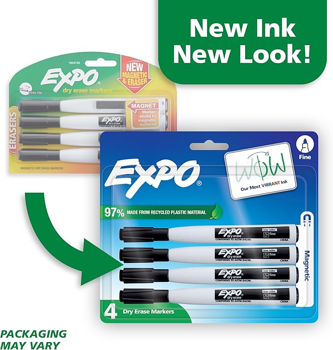 EXPO Magnetic Dry Erase Markers with Eraser, Black, Fine Tip, 4 Count - Back to School, Teacher Supplies, Home Organization
