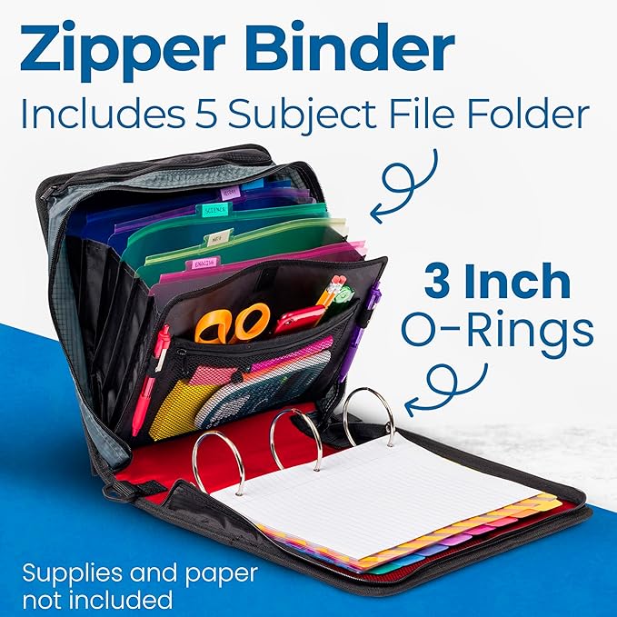Case-it Mighty Zip Tab School Zipper Binder | 3-Inch O-Rings, 600-Sheet Capacity, 5-Subject Expanding File Folder, Multiple Pockets & Storage Organizer, Shoulder Strap | D-146 Fire Engine Red | 6 Pack