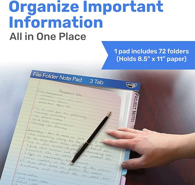 Find It File Folder Notepad - Pack of 72-9.5 x 12.5 Inch Notebook Organizer Folders for Filing, Document, and Clipboard Organization - Rainbow