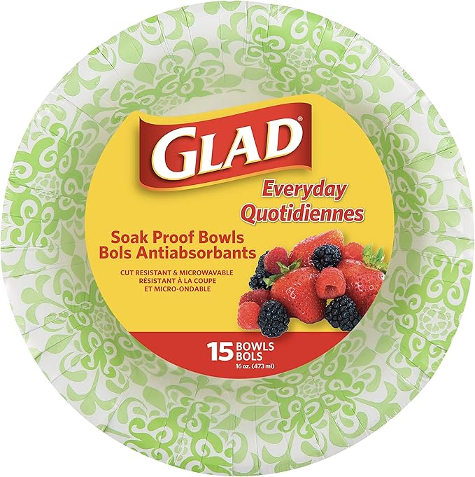 Glad Round Disposable Paper Bowls, Green Victorian Design - Heavy Duty, Soak Proof, Cut-Resistant, Microwavable Bowl for All Foods & Daily Use, 16 Oz, 15 Count - 6 Pack