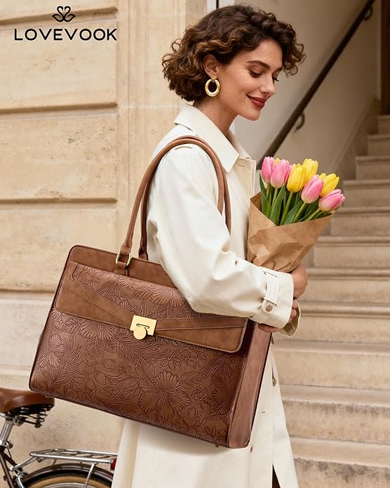 LOVEVOOK Laptop Tote Bag for Women - PU Leather Vintage Work Tote Bag,Waterproof Business Teacher Bag with Large Cup Holder