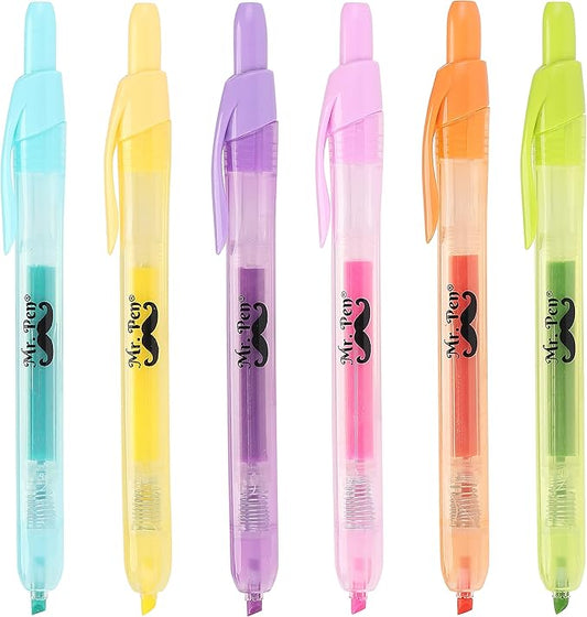 Mr. Pen- Retractable Highlighters, 6 Pack, Pastel Colors, Chisel Tip, No Smear Click Highlighter, Bible Journaling, Mild Markers, Pens