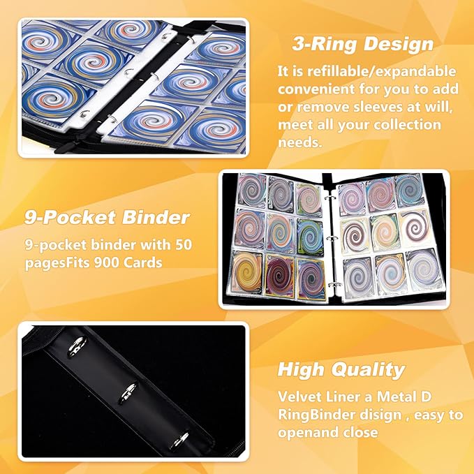 9 Pocket Trading Card Binder,900 Pockets Trading Card Collection Book with Sleevese,3-ring Zipper Sports Card Album with 50 Removable Double-Sided Card Holder (Black)