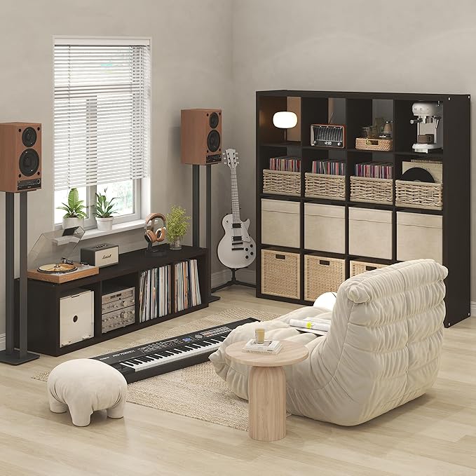 Furinno Cubicle Record Player Stand with Vinyl Storage, 4-Cube 1.2 Extra Thick Vinyl Record Storage, Open Back Media Shelf for CD DVD Blueray Game Disc, for Living Room, Home Office, Black Dark Oak