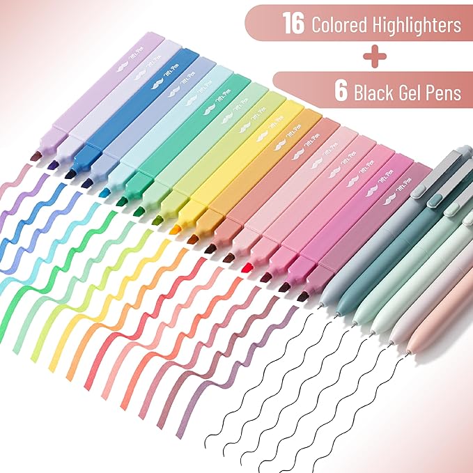 Mr. Pen Aesthetic Highlighters and Gel Pens, 22 Pack, Assorted Colors Bible Highlighters, No Bleed, Black Ink Gel Pens, Cute Highlighter Pens for Bibles